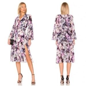 MISA Los Angeles Merce Tiered Purple Floral
Print Ruffle Tie Neck Midi Dress